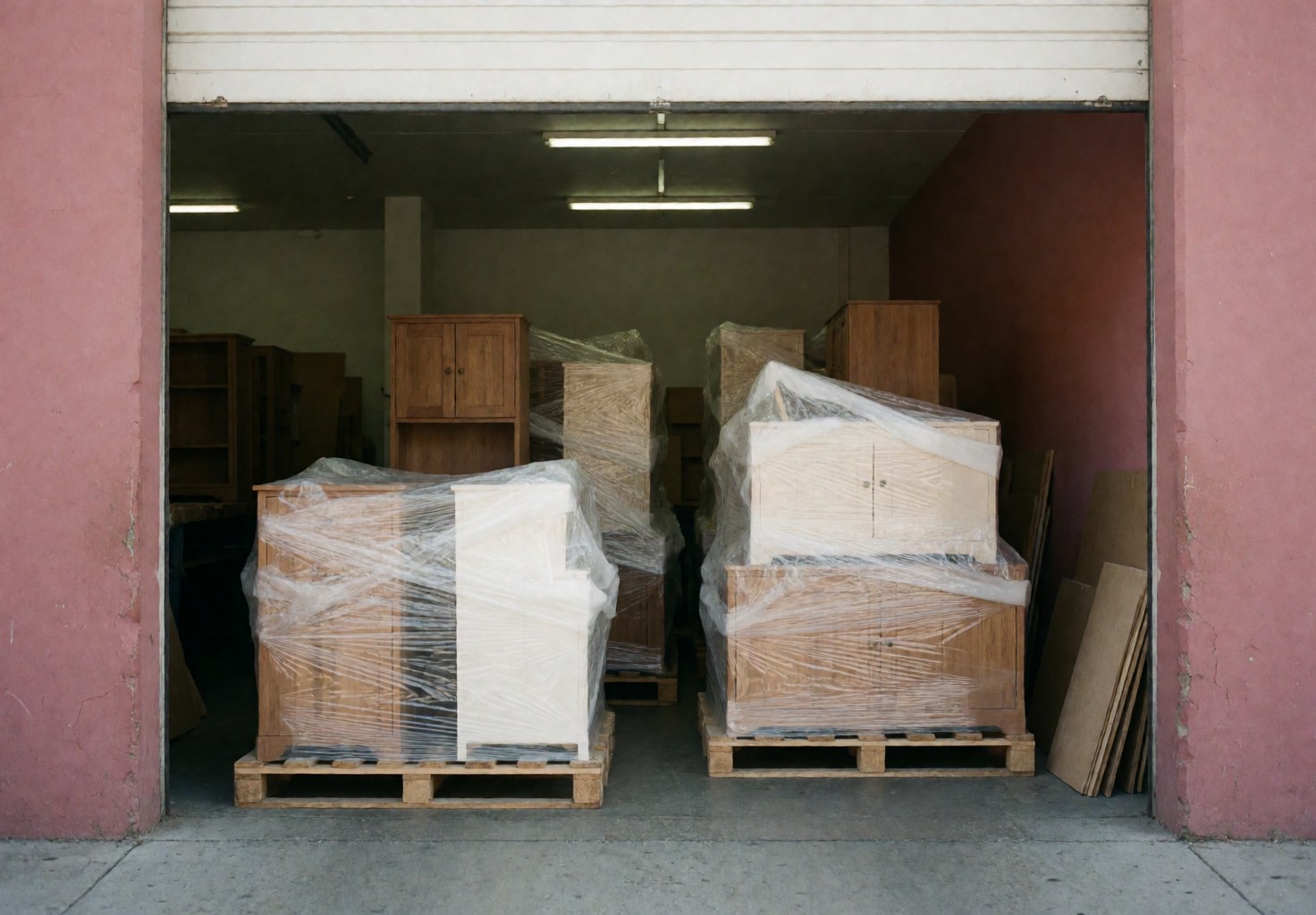 Wrapped wooden furniture on pallets in a warehouse with pink walls and an open door, prepared for shipping and logistics