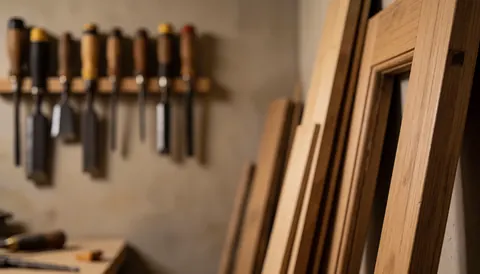 Close-up view of carpentry chisels and wooden door frames arranged on a warm, textured wood surface suitable for text overlay