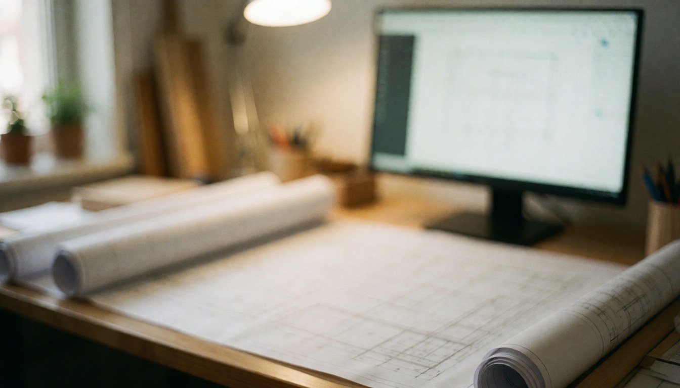 A blurred background of a design desk featuring a computer monitor, wooden surfaces, and soft lighting, suitable for text overlay in professional presentations.