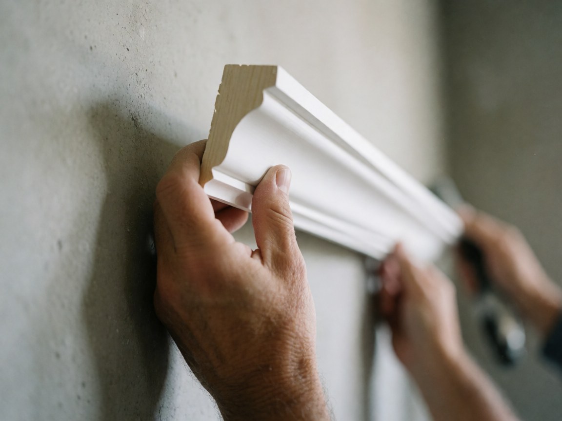 Close-up of a hand holding white wall molding against a concrete wall, showing wood texture and natural light with tools nearby