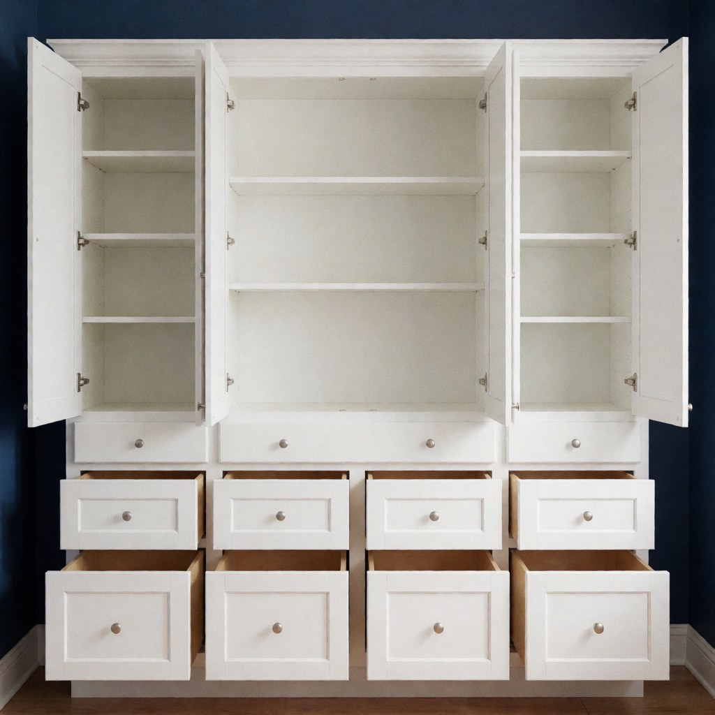 Bright white kitchen featuring open cabinets and drawers against a navy blue wall, showcasing modern minimalist cabinetry and functional storage solutions.