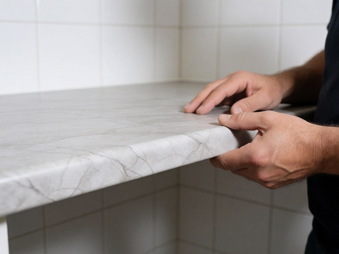 Adult hands placing a polished laminate countertop edge with marble texture against white tiled walls under direct lighting.