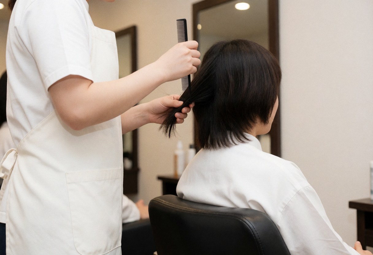 Stylist in white apron sections black hair with rat-tail comb. Client sits in black chair. Bright salon with neutral walls. Professional hair service scene.