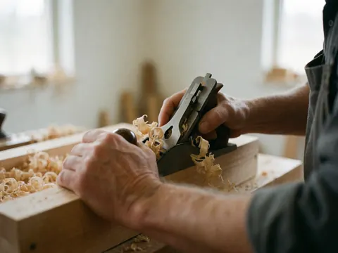 Detailed close-up view of curled wood shavings scattered on a surface, highlighting the texture and grain of the material.