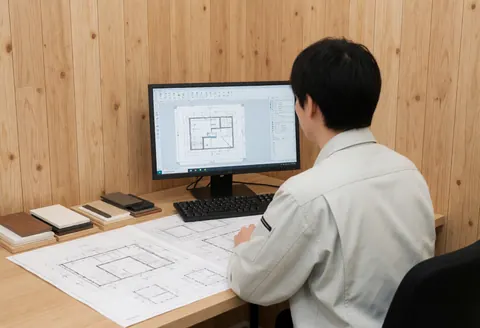 Close-up of hands working on architectural plans at a wooden desk in an active design office with computer monitors and furniture materials