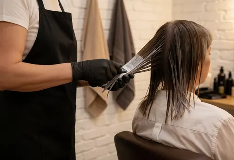 A hair stylist in a salon carefully applying hair dye to a client's long brown hair during a full color service