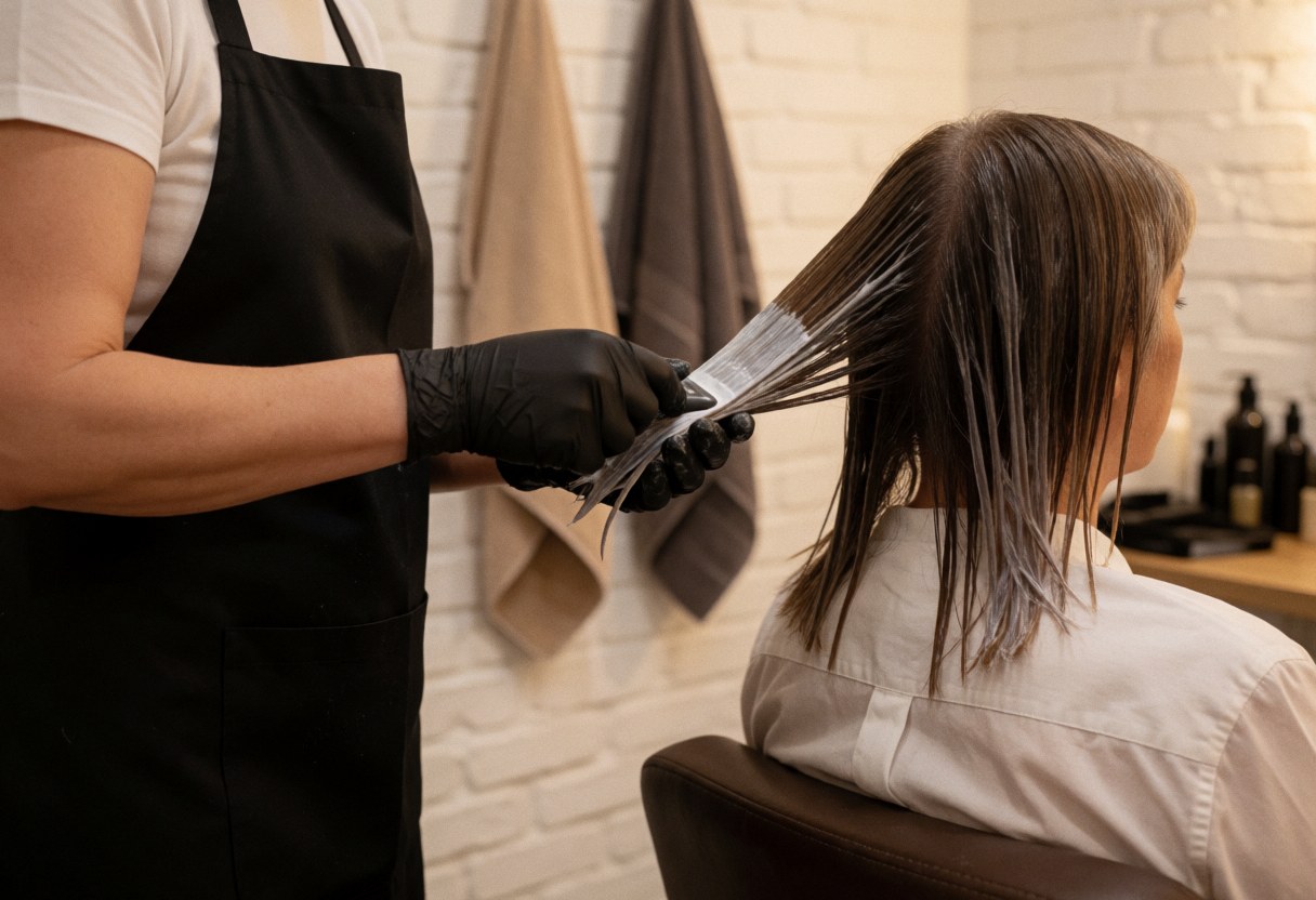A hair stylist in a salon carefully applying hair dye to a client's long brown hair during a full color service