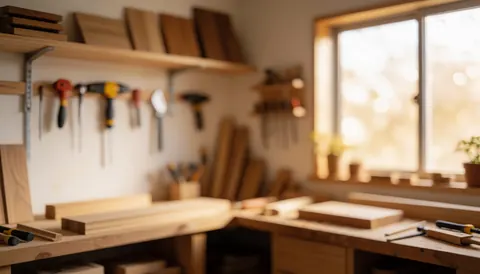 Woodworking workshop with hanging tools, wooden boards, and warm window light, blurred background ideal for text overlay