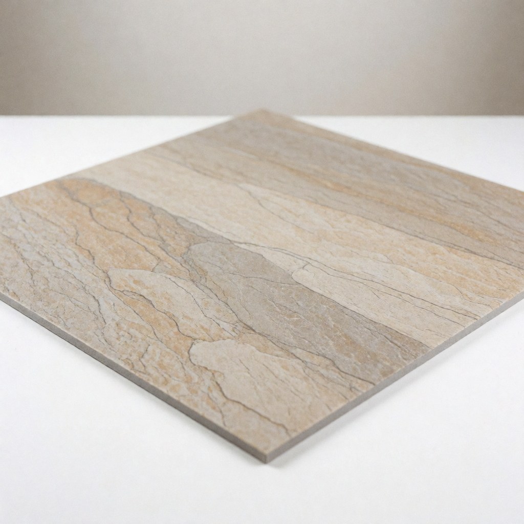 Laminate flooring sample featuring a stone pattern on a white background with a neutral gradient, suitable for interior design and construction projects.