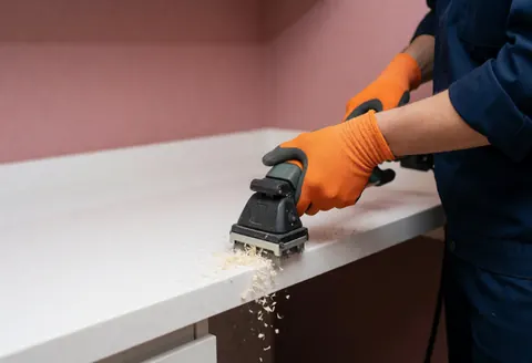 A close-up view of a worker's hands wearing protective gloves while using a power sander to finish a wooden countertop surface during a renovation project