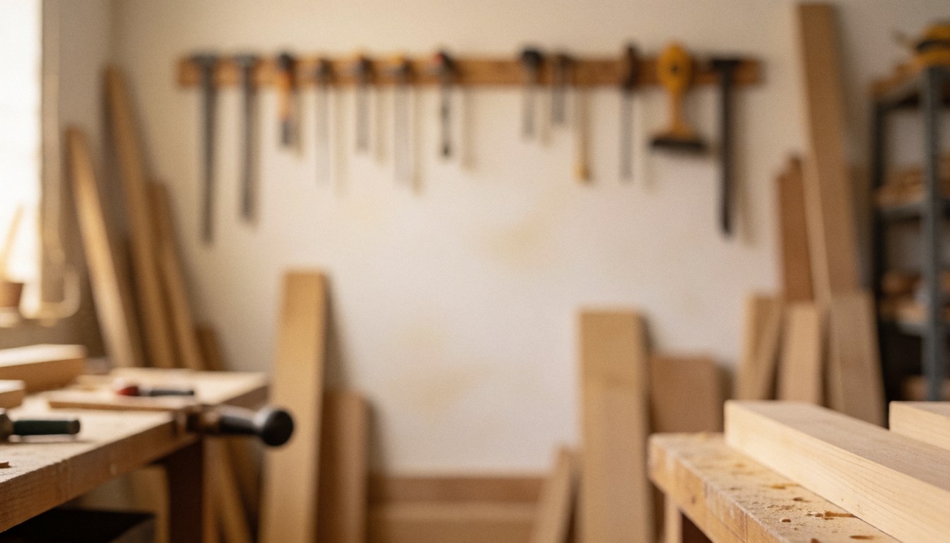 A warm-lit carpentry workshop background featuring hanging tools and wooden boards, suitable for professional text overlays and business projects.