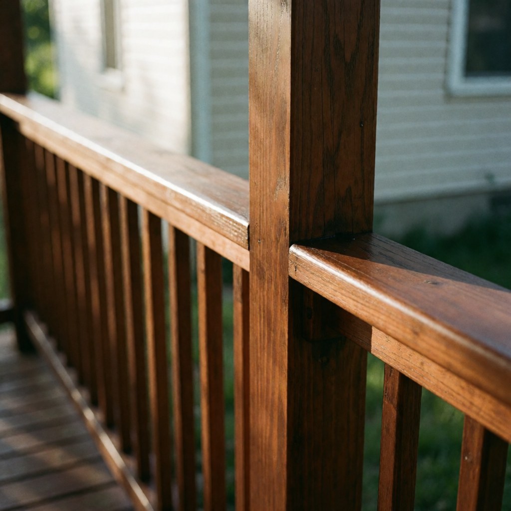 Close-up view of a restored wooden deck showcasing a glossy finish, natural wood grain, and clean lines suitable for home exterior maintenance.