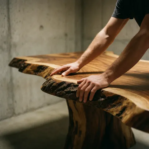 close-up of a rustic solid wood dining table featuring a natural edge, placed on a concrete surface with warm lighting highlighting the wood texture