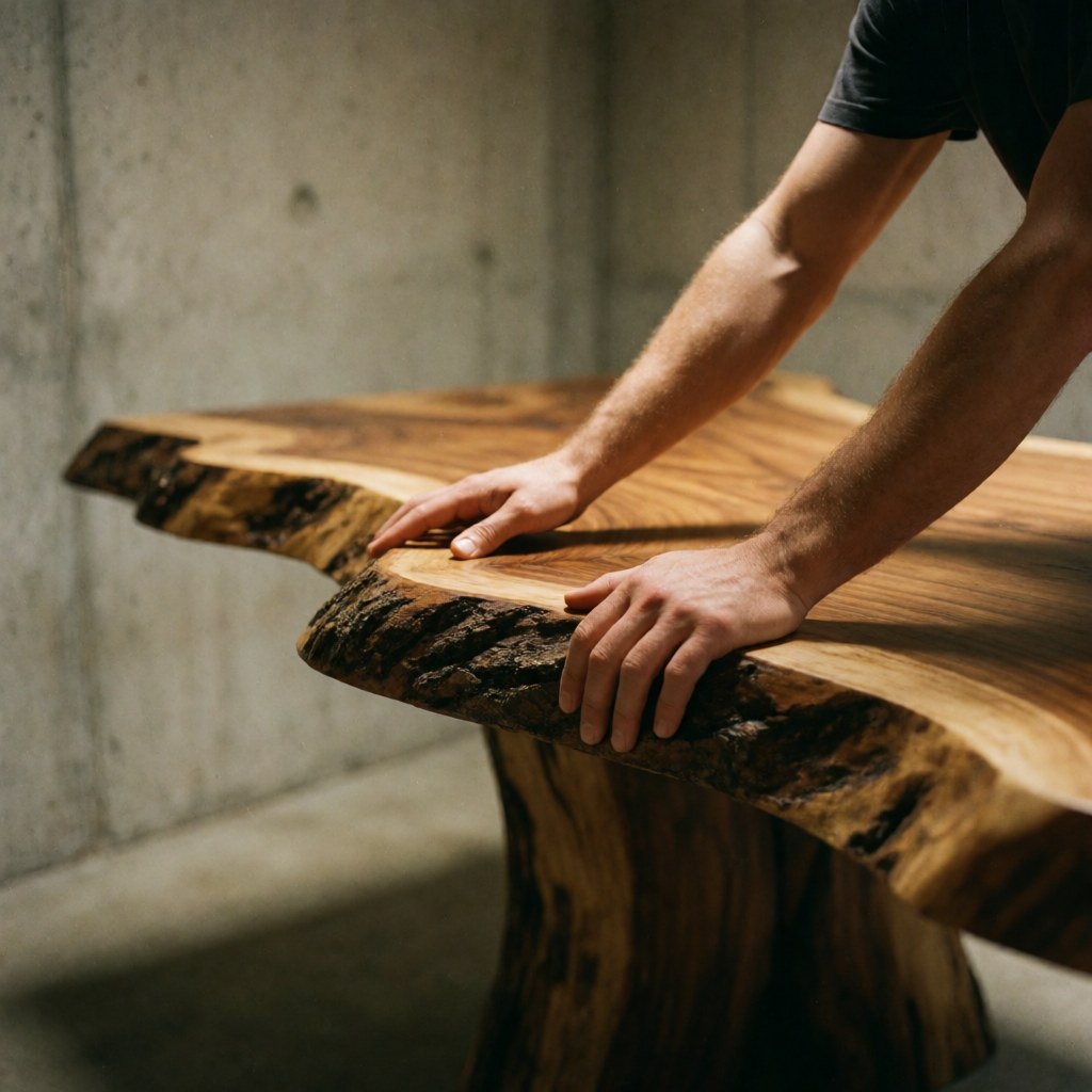close-up of a rustic solid wood dining table featuring a natural edge, placed on a concrete surface with warm lighting highlighting the wood texture