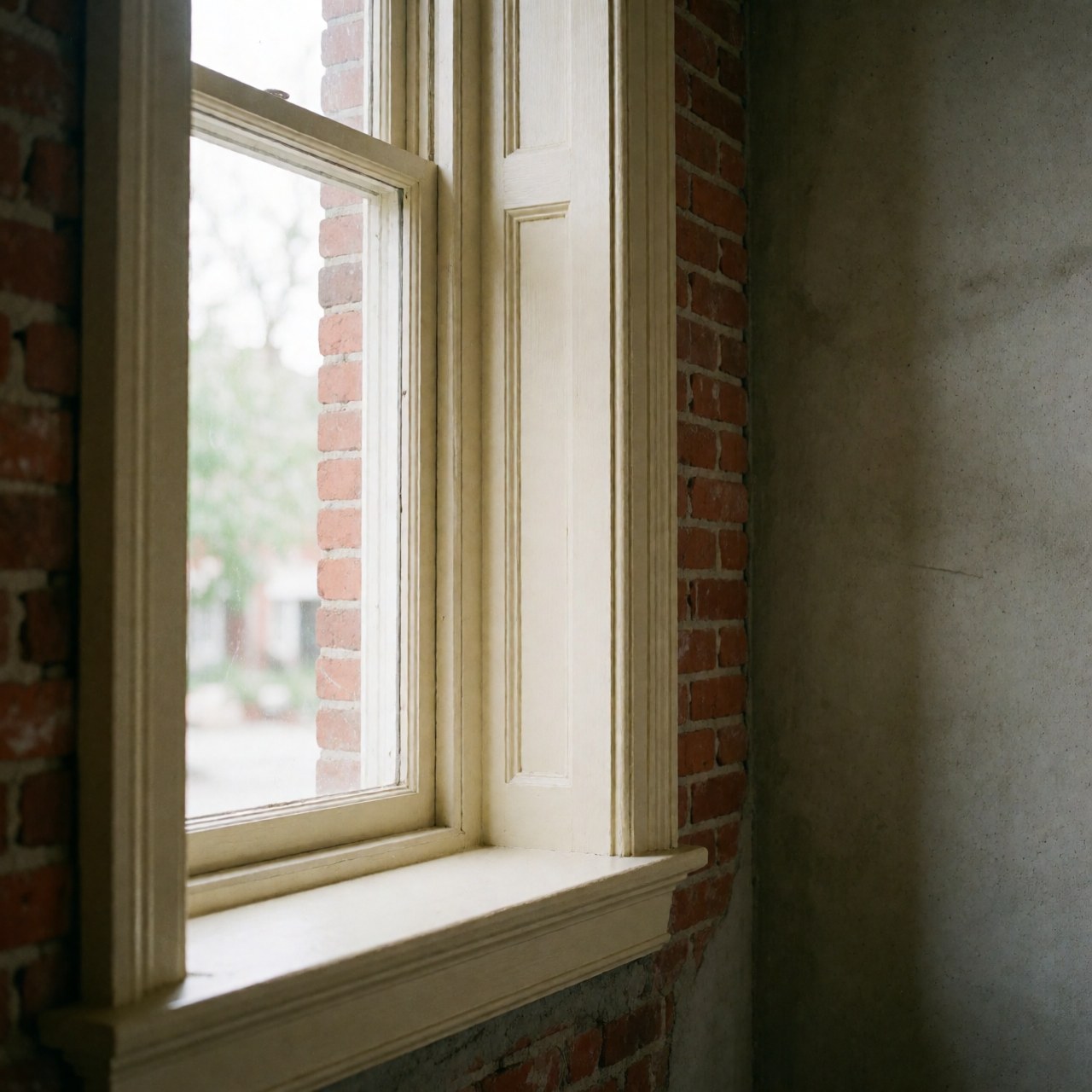 A close-up view of a restored historic wooden window featuring cream-colored molding set within a brick and concrete wall, highlighting architectural details and natural light.