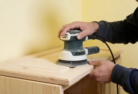 Close-up of a hand operating an electric sander on a piece of wood against a light yellow background, illustrating carpentry work.