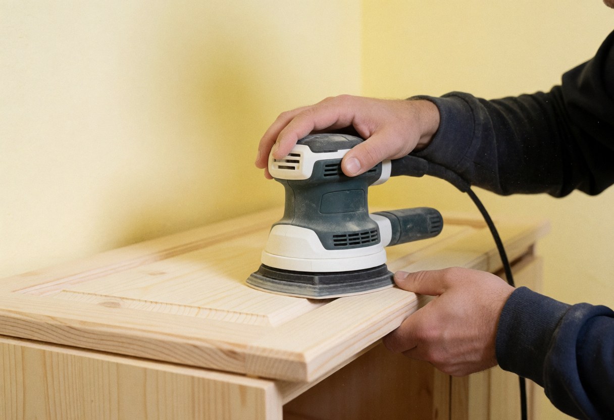 Close-up of a hand operating an electric sander on a piece of wood against a light yellow background, illustrating carpentry work.