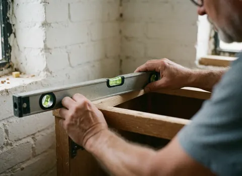 Close-up of a carpenter's hands using a bubble level on a piece of wood against a white brick wall, highlighting precision tools and craftsmanship.