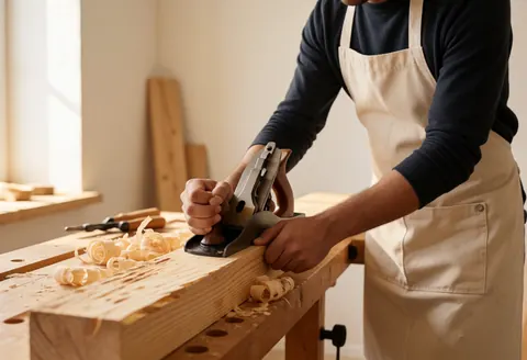 Carpenter in white apron planing rustic wood with shavings falling in a bright workshop