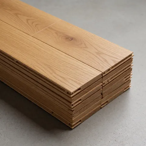 Close-up view of light brown oak wood planks and raw timber materials arranged for flooring installation and interior design projects