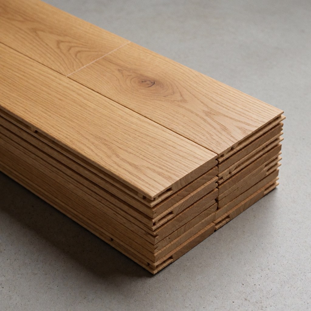 Close-up view of light brown oak wood planks and raw timber materials arranged for flooring installation and interior design projects