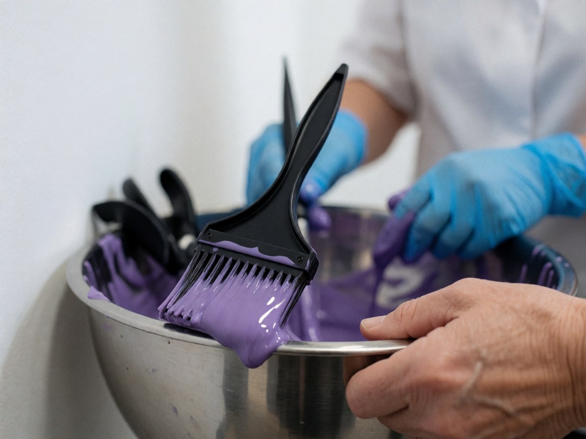 A hairdresser wearing blue gloves mixes purple hair color in a stainless steel bowl with a tint brush ready for application in a salon setting.