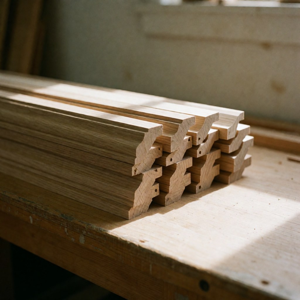 Stacks of freshly cut light wood moldings resting on a wooden workbench in a workshop with soft natural lighting