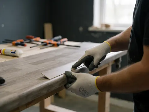 Gloved hand securing a laminate strip on a work table with tools and natural light in the background
