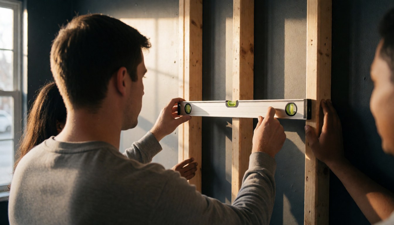 A technician uses a level to measure a wooden frame in a workspace with gray walls and natural light, illustrating teamwork and precision.
