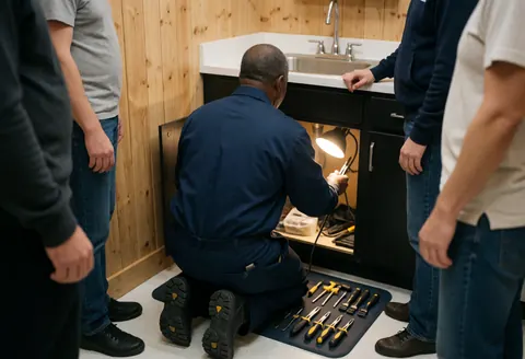A technician working under a sink, using tools to fix plumbing pipes in a home setting, demonstrating professional repair service in action.