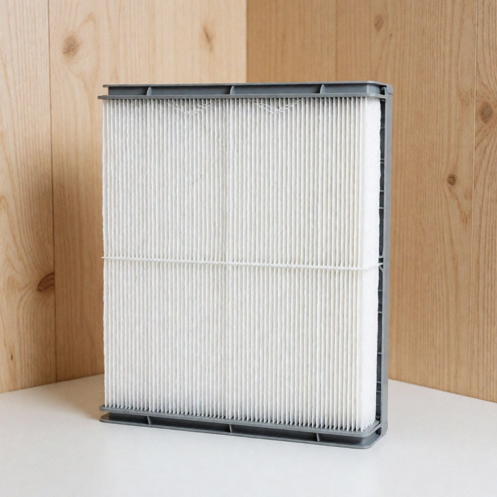 Close-up of a new white rectangular air filter placed on a wooden surface, ready for installation in a residential HVAC system or fan unit.