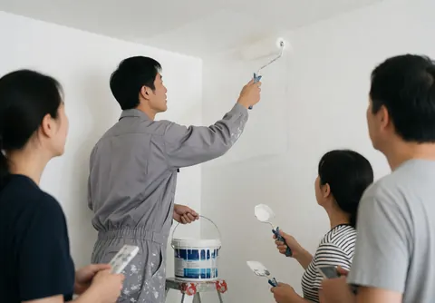 A professional painter uses a roller to paint white walls in a home while clients observe the teamwork and quality of the interior work.