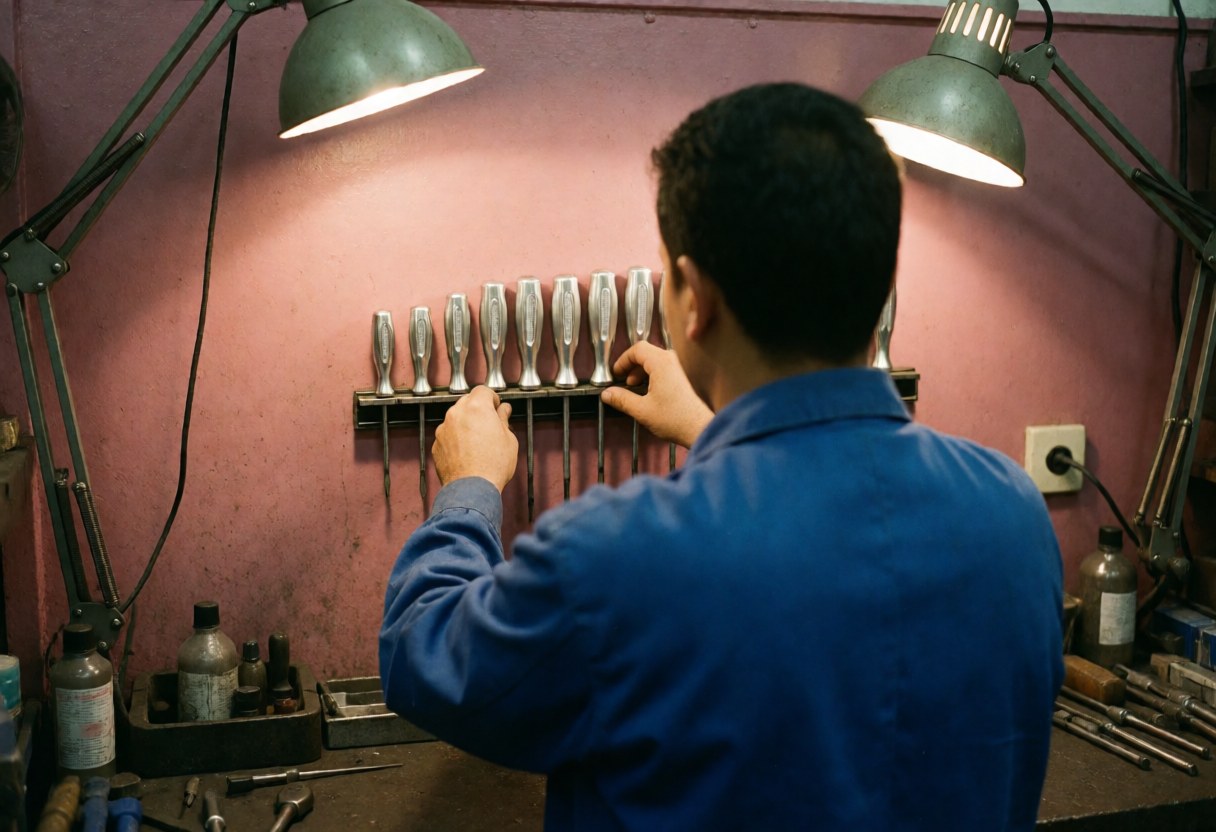 Technician in blue uniform organizing screwdrivers on a magnetic board against a pink wall with two spotlights in a workshop
