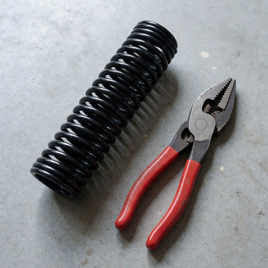 A new metal spring and a pair of pliers resting on a gray concrete surface in a workshop setting