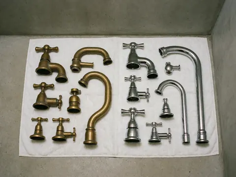 Detailed view of bathroom replacement parts including metal pipes, fixtures, and tools for renovation and repair work