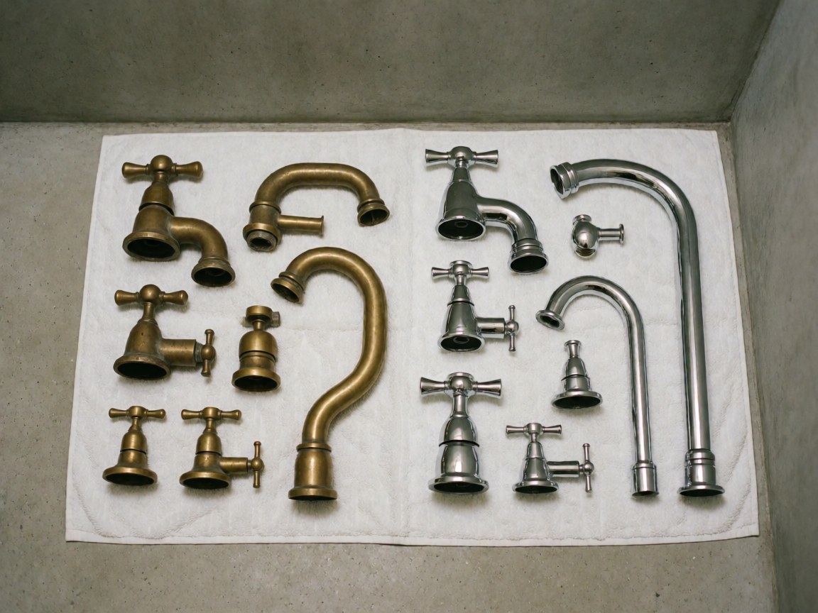 Detailed view of bathroom replacement parts including metal pipes, fixtures, and tools for renovation and repair work