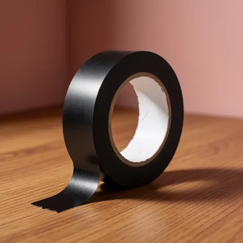 Close-up of a roll of black electrical tape resting on a wooden surface with a soft pink wall in the background, highlighting texture and warm lighting for product display