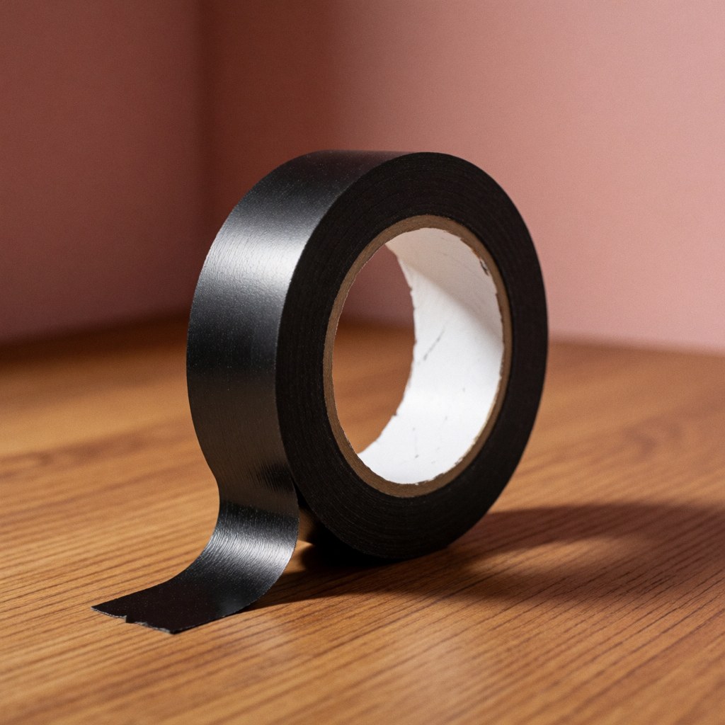 Close-up of a roll of black electrical tape resting on a wooden surface with a soft pink wall in the background, highlighting texture and warm lighting for product display