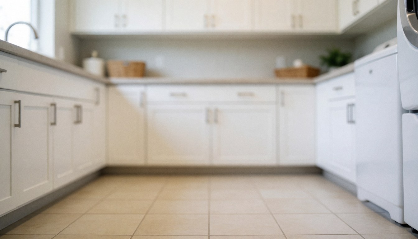 A clean white laundry room with cabinets and tiled walls, providing a professional background for text and business presentations