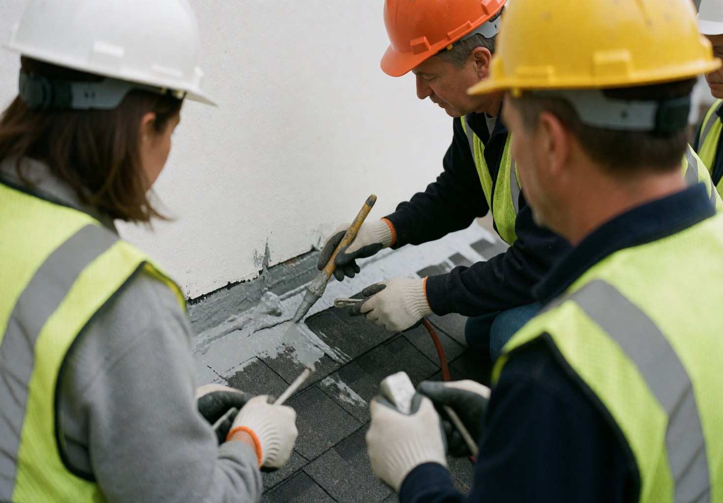 Workers wearing helmets and safety vests apply sealant to a residential roof, demonstrating teamwork and safety in action.