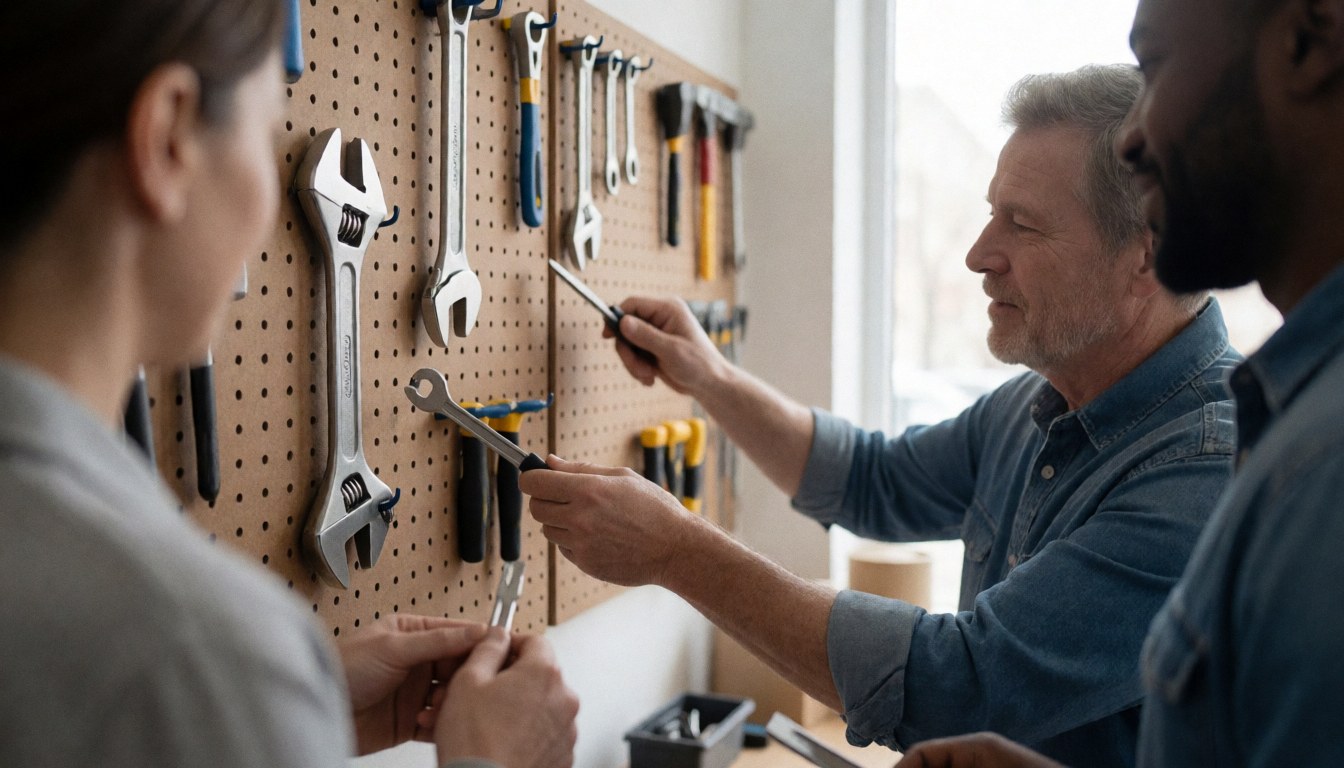 Various hand tools including wrenches and screwdrivers neatly organized on a wooden pegboard wall in a workshop setting for maintenance and repair tasks