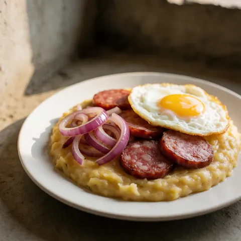 A white plate holding traditional Dominican mangue topped with fried salami, red onions, and a fried egg on a concrete surface