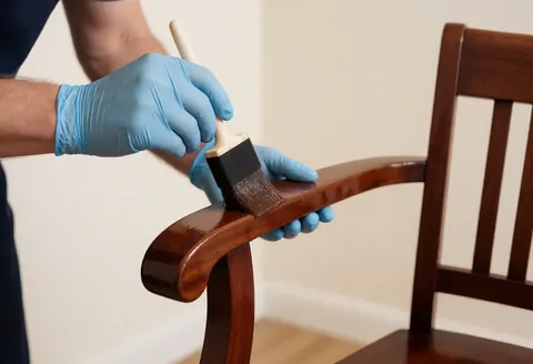 A gloved hand uses a brush to apply varnish to a wooden chair during restoration work against a neutral background.