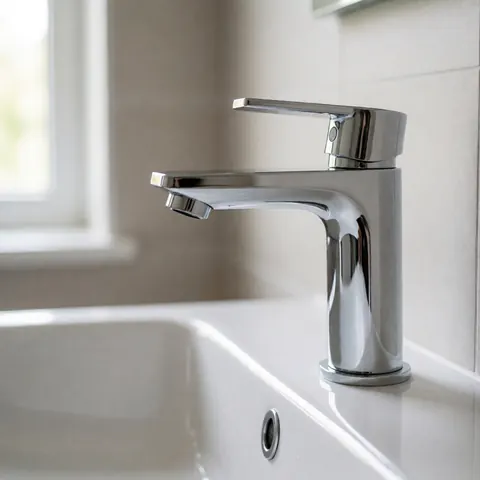Close-up of a sleek chrome faucet mounted on a white ceramic bathroom sink with natural light reflecting off the surface