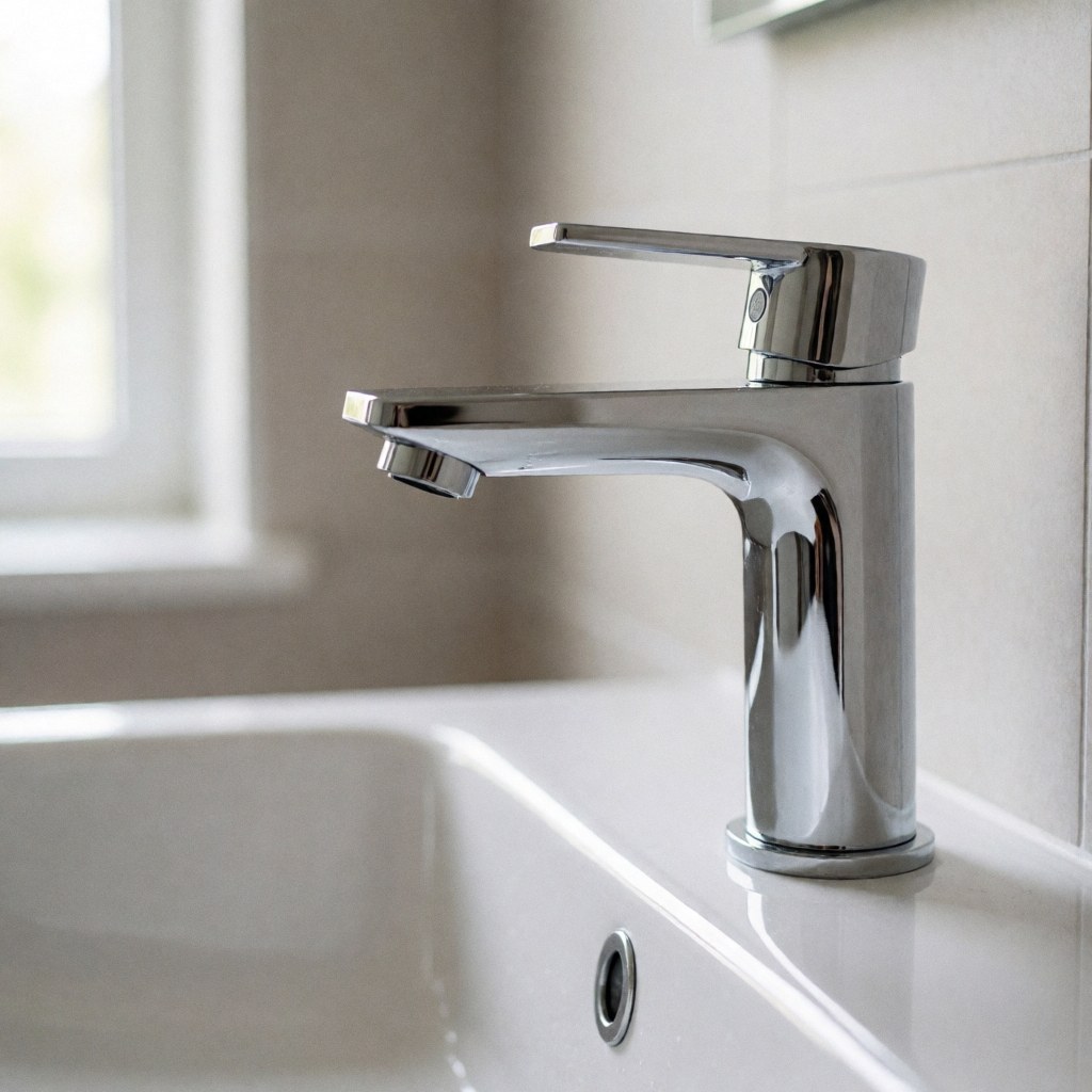 Close-up of a sleek chrome faucet mounted on a white ceramic bathroom sink with natural light reflecting off the surface