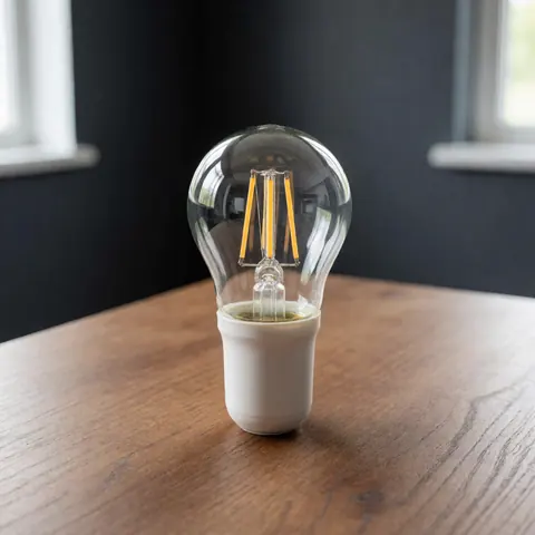 A single LED light bulb resting on a wooden table against a gray wall, showcasing energy-efficient lighting for home or office use