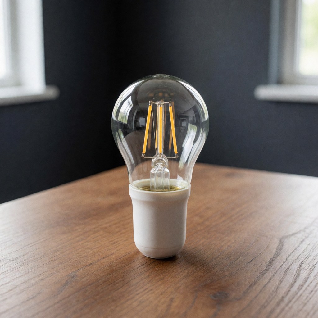 A single LED light bulb resting on a wooden table against a gray wall, showcasing energy-efficient lighting for home or office use