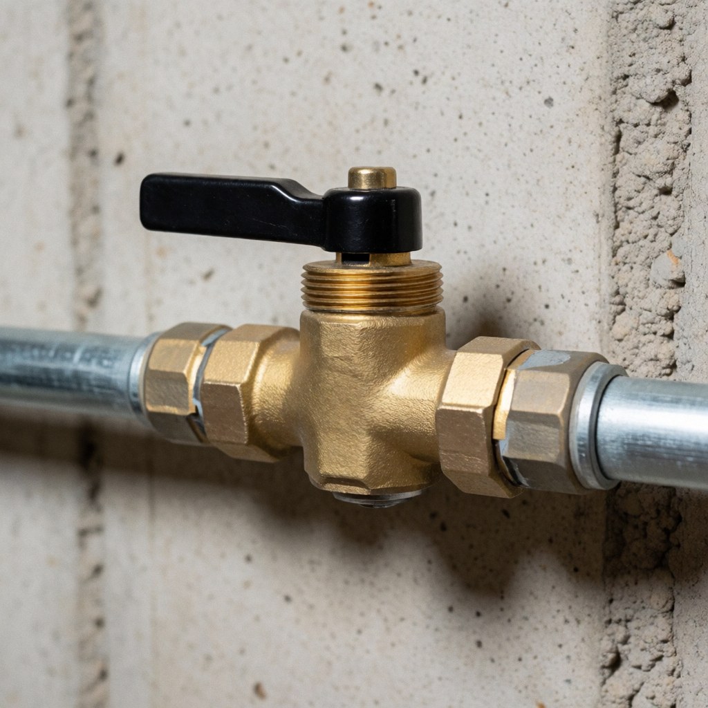 Close-up view of a brass gas valve installed on a concrete wall with galvanized pipes, showing metal fittings and construction details for plumbing or gas work.