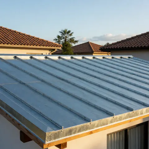 Close-up view of a repaired zinc metal roof featuring visible rivets, panels, and warm sunlight casting shadows against the sky.