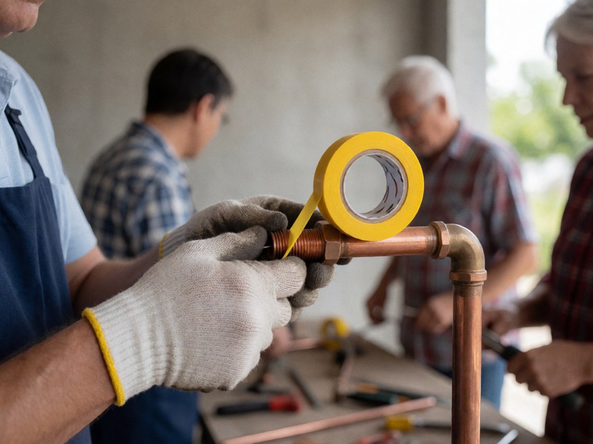 Gloved hand wrapping yellow tape on copper pipe threads in a workshop with blurred workers in background